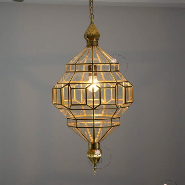 Glass Pendant Light Fixture, Brass Ceilings Light, Moroccan Hanging Light, Brass Glass Light.