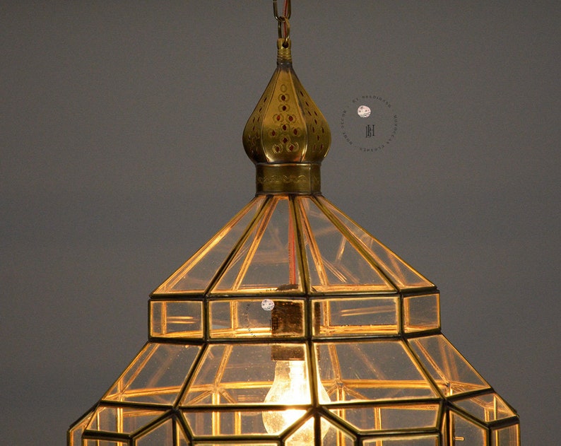 Glass Pendant Light Fixture, Brass Ceilings Light, Moroccan Hanging Light, Brass Glass Light. zdjęcie 8