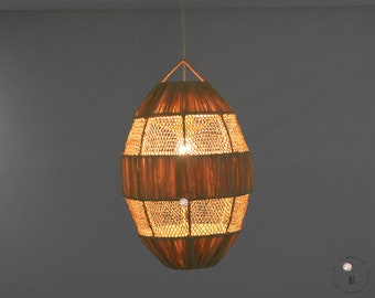 Handmade Moroccan Raffia Pendant Light, Ceiling Lamp, Woven Raffia Fan Shape Suspension Lighting
