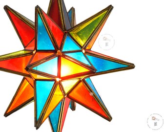 Multi Colored Moroccan Glass Star Light, Brass Pendant Light, Moroccan Lamp