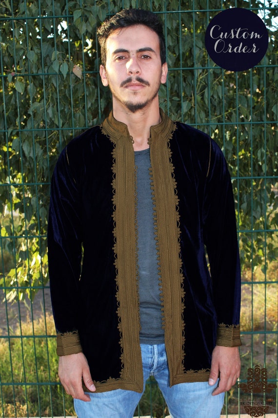 Veste en velours marocain bleu foncé manteau de veste brodée - Etsy France