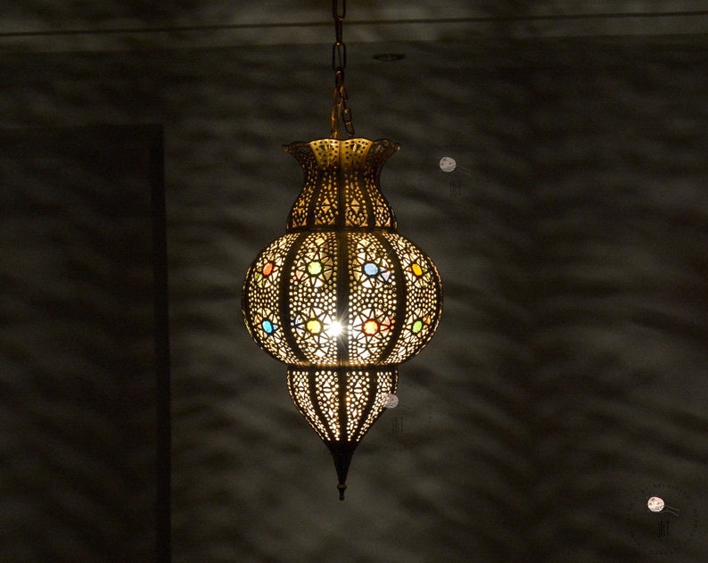 Moroccan Pendant Light, Moroccan Ceiling Lamp, Brass Hanging Light Shade, Light Fixture. image 4