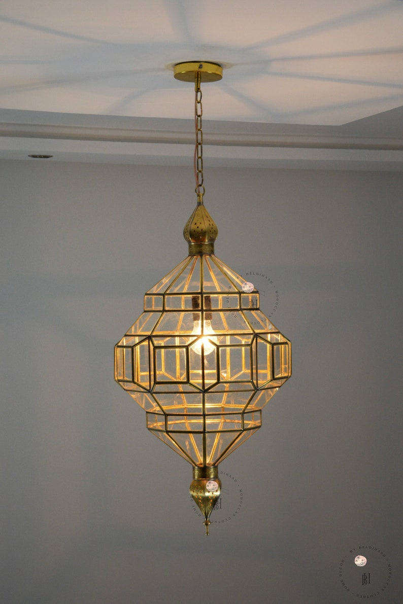 Glass Pendant Light Fixture, Brass Ceilings Light, Moroccan Hanging Light, Brass Glass Light. zdjęcie 1