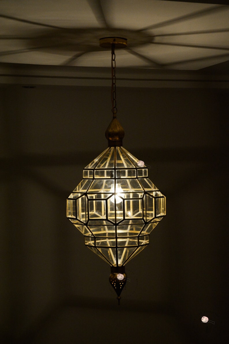 Luminaria colgante de vidrio, luz de techos de latón, luz colgante marroquí, luz de vidrio de latón. imagen 4
