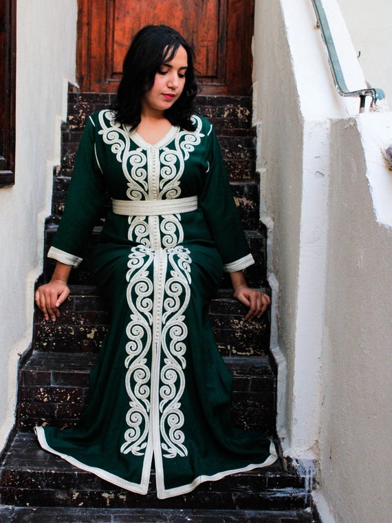 Green Moroccan Cotton Kaftan With Belt Embroidered Kaftan for