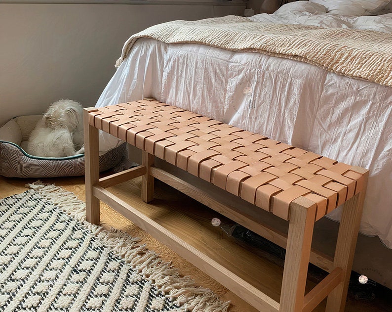 Leather Woven Bench Seat Woven Leather Bench Seat Wood Etsy