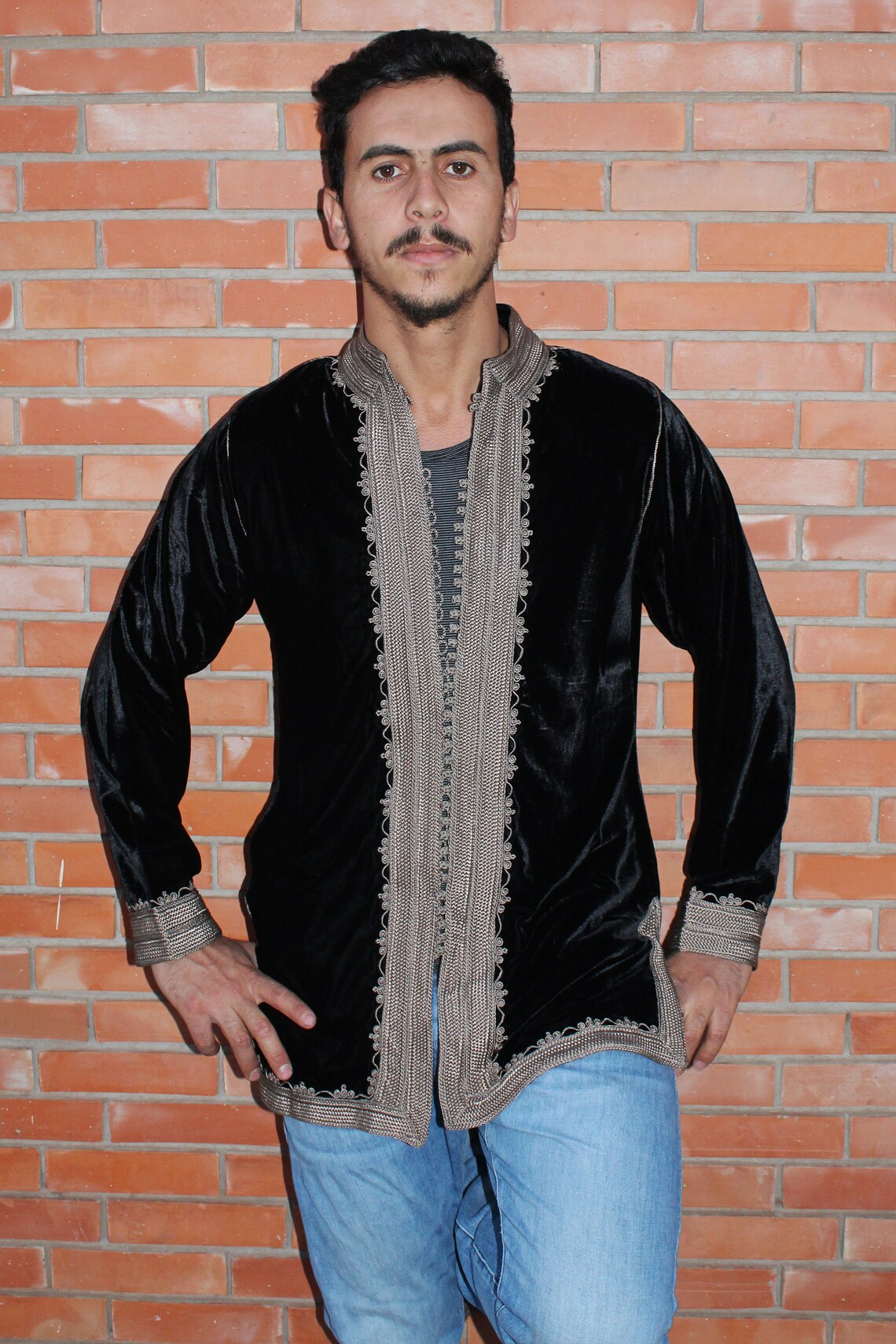 Superb Moroccan Black Velvet Jacket, Bohemian Embroidered Velvet Jacket