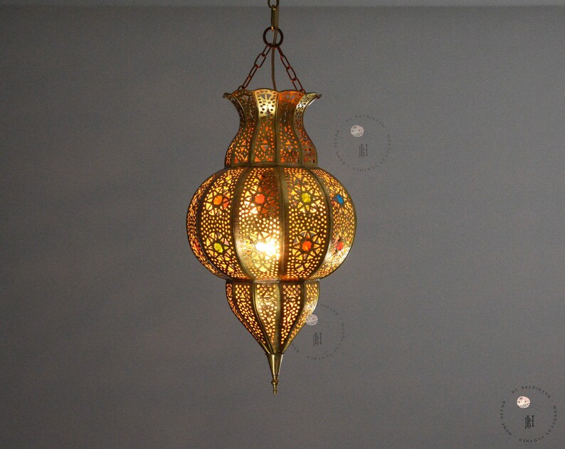 Moroccan Pendant Light, Moroccan Ceiling Lamp, Brass Hanging Light Shade, Light Fixture. image 6