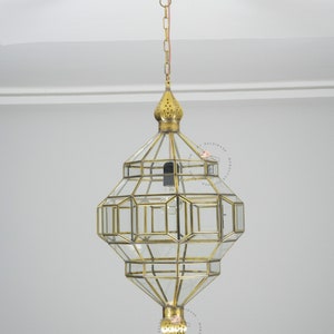 Luminaria colgante de vidrio, luz de techos de latón, luz colgante marroquí, luz de vidrio de latón. imagen 3