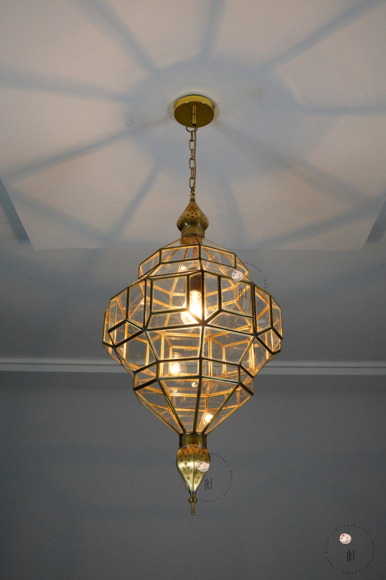 Luminaria colgante de vidrio, luz de techos de latón, luz colgante marroquí, luz de vidrio de latón. imagen 5