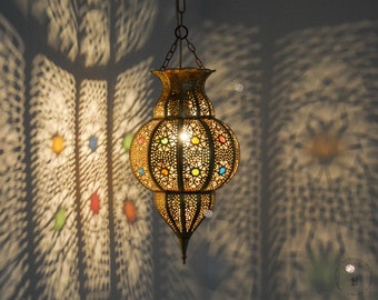 Moroccan Pendant Light, Moroccan Ceiling Lamp, Brass Hanging Light Shade, Light Fixture.