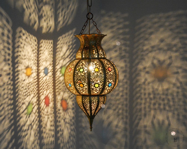 Moroccan Pendant Light, Moroccan Ceiling Lamp, Brass Hanging Light Shade, Light Fixture. image 1