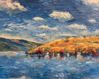 May include: A painting of a landscape with a lake in the foreground, a hill in the middle ground, and a blue sky with white clouds in the background. The lake is a deep blue color, and the hill is covered in a mix of green and yellow foliage. The sky is a light blue color, and the clouds are white and fluffy.