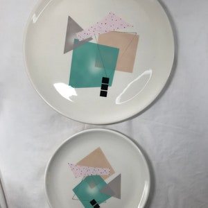 Rita Duvall Post Modern Pop Art Deco Memphis Style Signed & Dated Salad/Desert Serving/Dinner/Charger Plate Matching Set Studio Art Teal