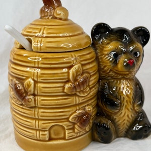 Made in Japan Bear Beehive Covered Honey Pot Jar w / Lepel Keramische Mid Century MCM Armbee Preserves