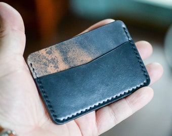 Marbled Black Rocado Shell Cordovan and Horween 3 Pocket Card Holder Wallet, Handmade