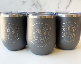 Personalized Bachelorette Party Wine Tumblers: Engraved Camp Design