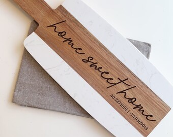 Personalized Marble & Acacia Wood Cutting Board: Engraved Coordinates