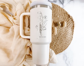 Personalized Birth Flower 40oz Tumbler: Engraved Stainless Steel Bridesmaid Cup