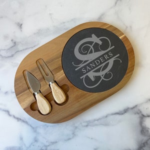 Personalized Cheese Board Gift, Cheese Board And Knife Set, Slate Cheese Serving Board, Charcuterie Serving Board with Removable tray knives