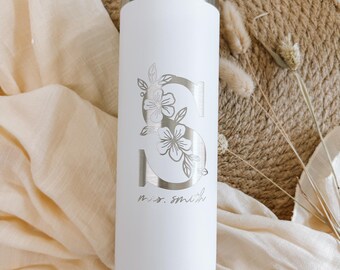 Personalized Bridesmaid Tumbler: Engraved Floral Initial Skinny Tumbler