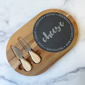 Cheese Board Gift, Cheese Board And Knife Set, Slate Cheese Serving Board, Charcuterie Serving Board with Removable tray & knives, Slate