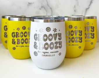 Personalized Groovy Bachelorette Party Tumblers: Retro Insulated Drink Cups