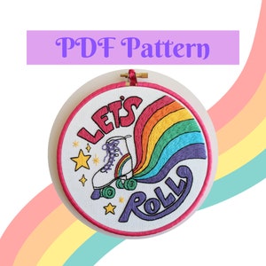 Let's Roll Embroidery Pattern PDF - Rainbow Roller Skate Embroidery Pattern Download