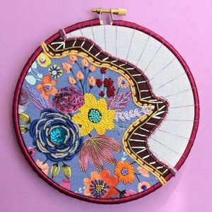 Abstract Mixed Media Finished Embroidery Art Piece - “Sangria”