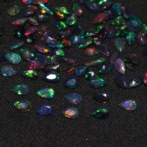6×4 MM Natural Black Ethiopian Opal pear faceted Gemstonewelo Opal, pear black opal cut, Wholesale Opal Lot, Rainbow Fire, multi fire Opal