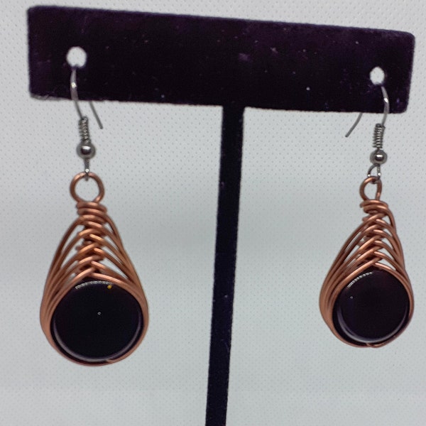 Copper herringbone earrings/ copper wire wrapping/ edgy copper jewelry/ copper earrings