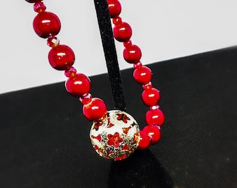 Candy apple red glass bead bracelet with gold cage accent/ valentines jewelry/ just for her