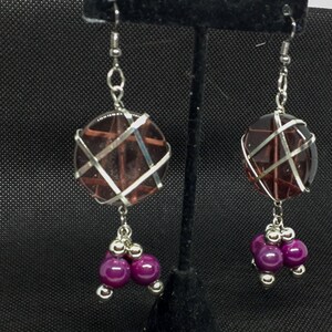 purple dangle earrings/glass bead accents/silver wire wrapping/edgy silver jewelry image 1