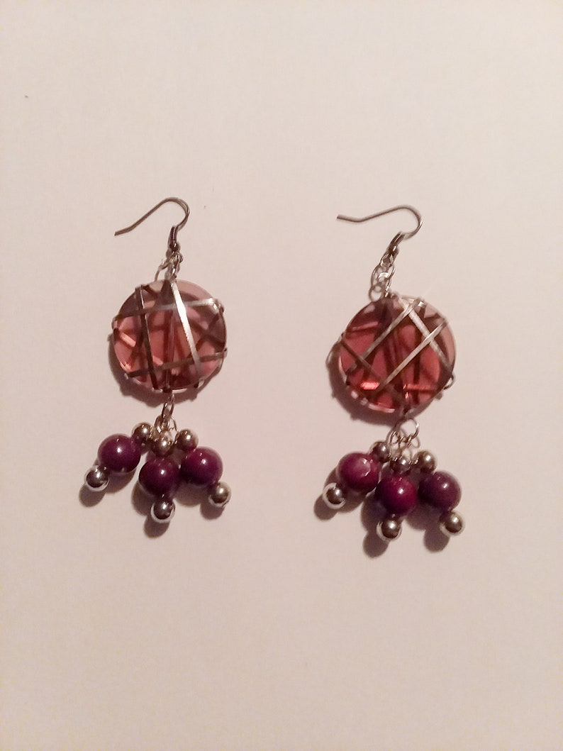 purple dangle earrings/glass bead accents/silver wire wrapping/edgy silver jewelry image 2