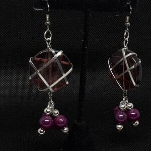 purple dangle earrings/glass bead accents/silver wire wrapping/edgy silver jewelry image 3