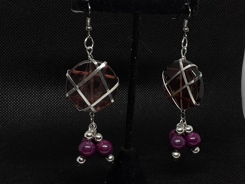 purple dangle earrings/glass bead accents/silver wire wrapping/edgy silver jewelry image 3