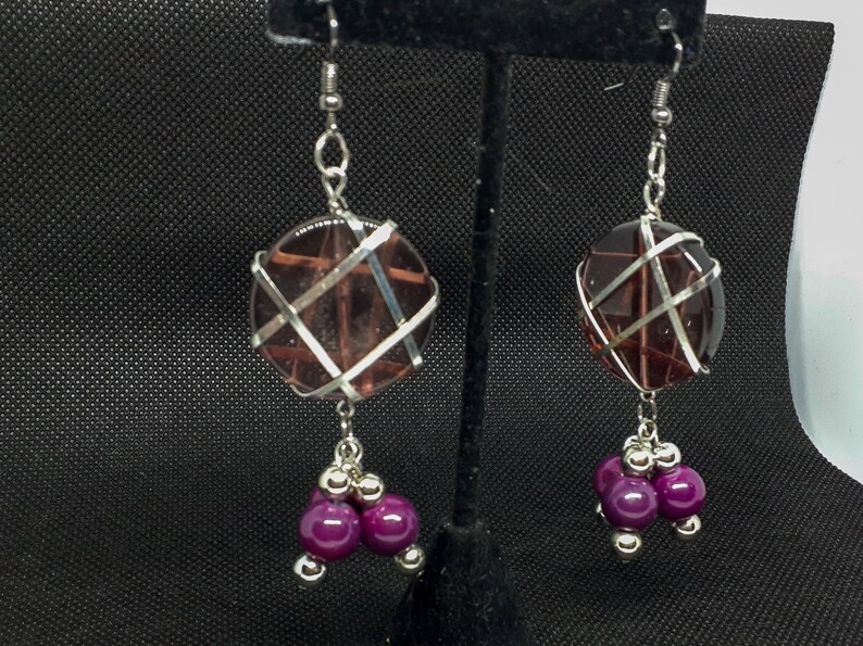 purple dangle earrings/glass bead accents/silver wire wrapping/edgy silver jewelry image 1