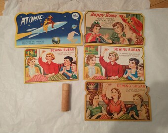 antique needle books wooden container lot of 6 sewing needles, vintage graphics