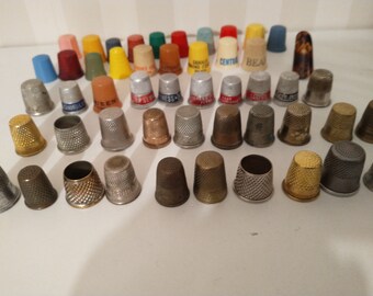 Lot of 50 Vintage Sewing Thimbles-Silver and gold Metal- Brass - Plastic Advertising