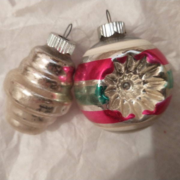 2 Vintage Christmas Ornaments  - Shiny Brite - double indent - stripes -shapes