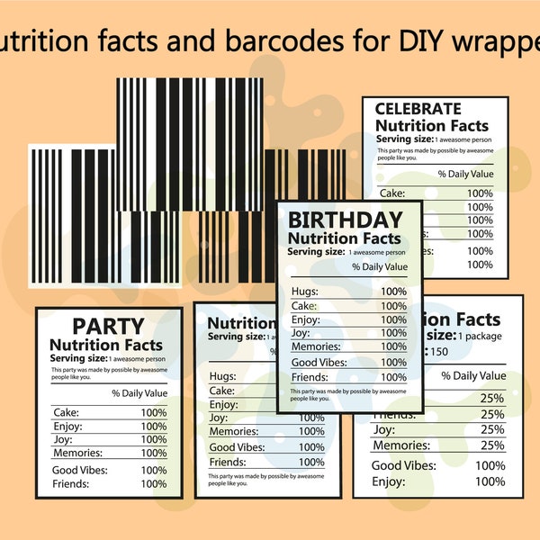 Nutrition facts png,barcode, party nutritional facts, water bottle label, tablechip wrapper template, candy wrapper,chip wrap png,diy,favor