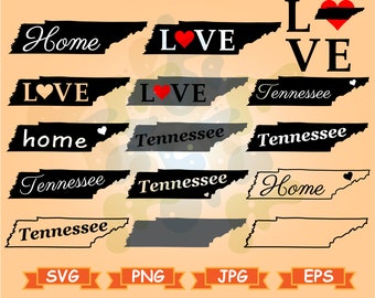 May include: A set of 10 black and white Tennessee state outline SVG cut files. The outlines include the words "Home", "Love", and "Tennessee" with a small red heart in each design.