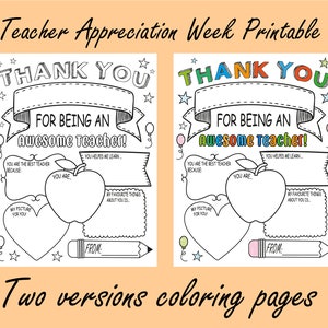 Teacher Appreciation Week Gift Teacher Appreciation Printable Thank You Teacher Gifts Coloring Pages School Kids Instant Digital Download