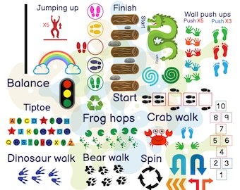 May include: A colourful illustration of a children's obstacle course with various activities, including jumping, balancing, tiptoeing, frog hops, crab walk, dinosaur walk, bear walk, and spinning. The course includes a rainbow, a traffic light, a log path, a dragon, and a number sequence from 1 to 10.