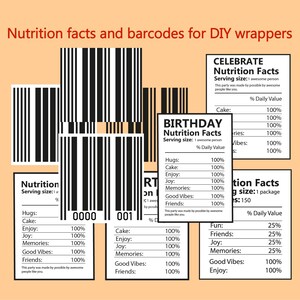 Puede incluir: Una variedad de gráficos de códigos de barras en blanco y negro con superposiciones de texto. El texto incluye "Nutrition Facts" y "Birthday Nutrition Facts" con porcentajes para "Hugs", "Cake", "Enjoy", "Joy", "Memories", "Good Vibes" y "Friends".