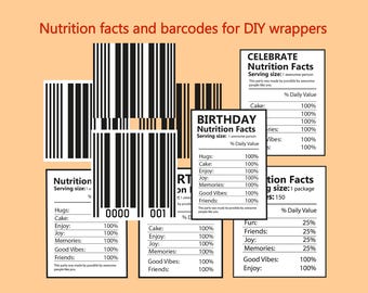 Nutrition facts png,barcode, party nutritional facts, water bottle label, tablechip wrapper template, candy wrapper,chip wrap png,diy,favor