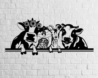 Può includere: Silhouette in bianco e nero di quattro animali da fattoria che sbirciano da dietro un muro. Una mucca con fiori nei capelli, una capra, una mucca e un maiale.