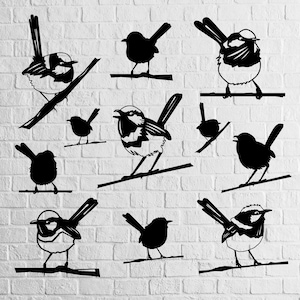 May include: Black silhouette cutouts of various birds, including a wren, a robin, and a bluebird, are arranged on a white brick wall background. The birds are all facing different directions and are in various poses.