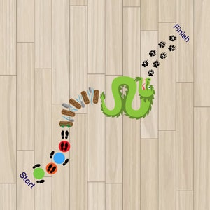 May include: A green dragon with a blue tongue and black eyes is on a wooden floor. The dragon is facing right and has its mouth open. There are black paw prints leading up to the dragon. The words "Finish" are written in blue above the dragon. There are also black footprints and coloured circles on the floor to the left of the dragon. The words "Start" are written in blue below the footprints.