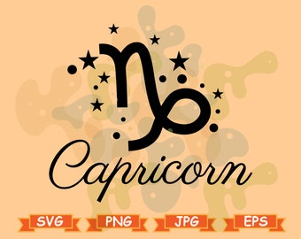 May include: Black and white illustration of the Capricorn zodiac sign with the word "Capricorn" written in a cursive font. The sign is surrounded by small stars and dots on a light orange background.